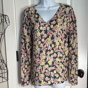 LOFT Floral V-Neck Blouse - Black and Yellow